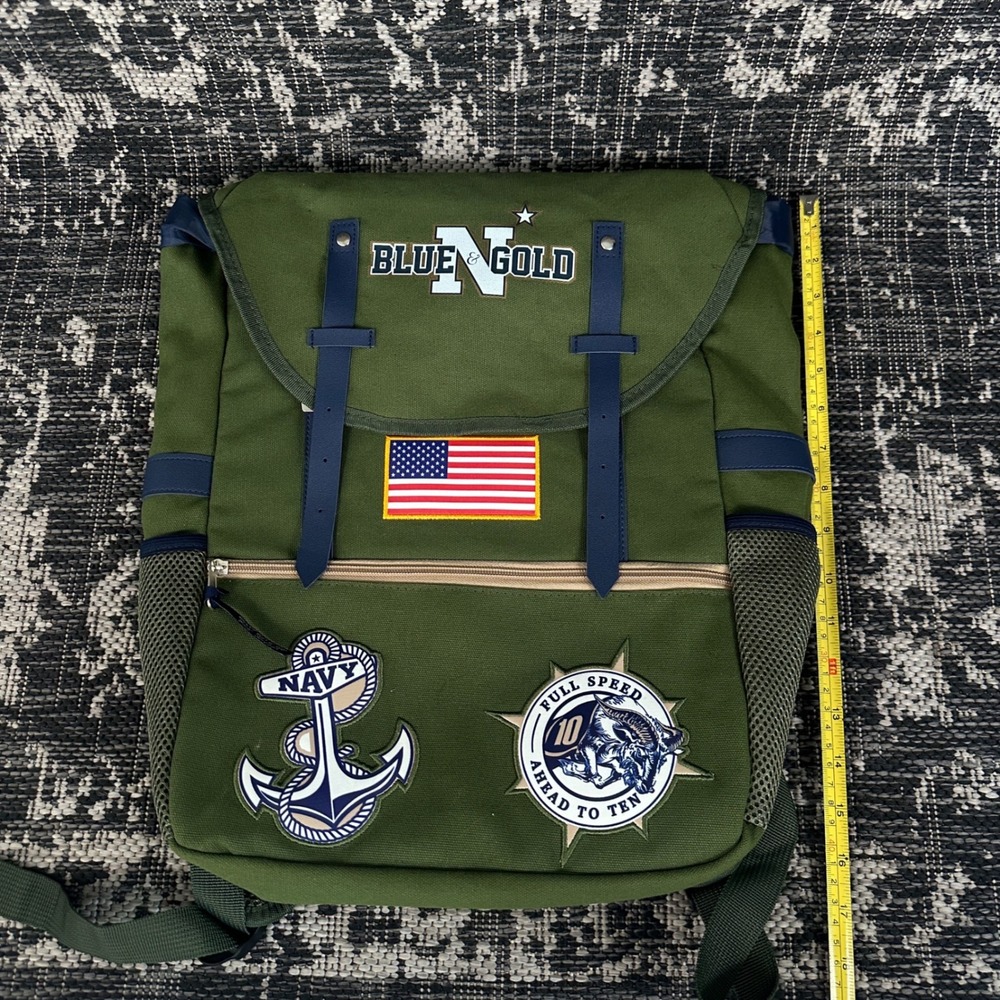 US Navy Blue & Gold Backpack OD Green Military Rucksack Beat Army Style Retro - Picture 7 of 8